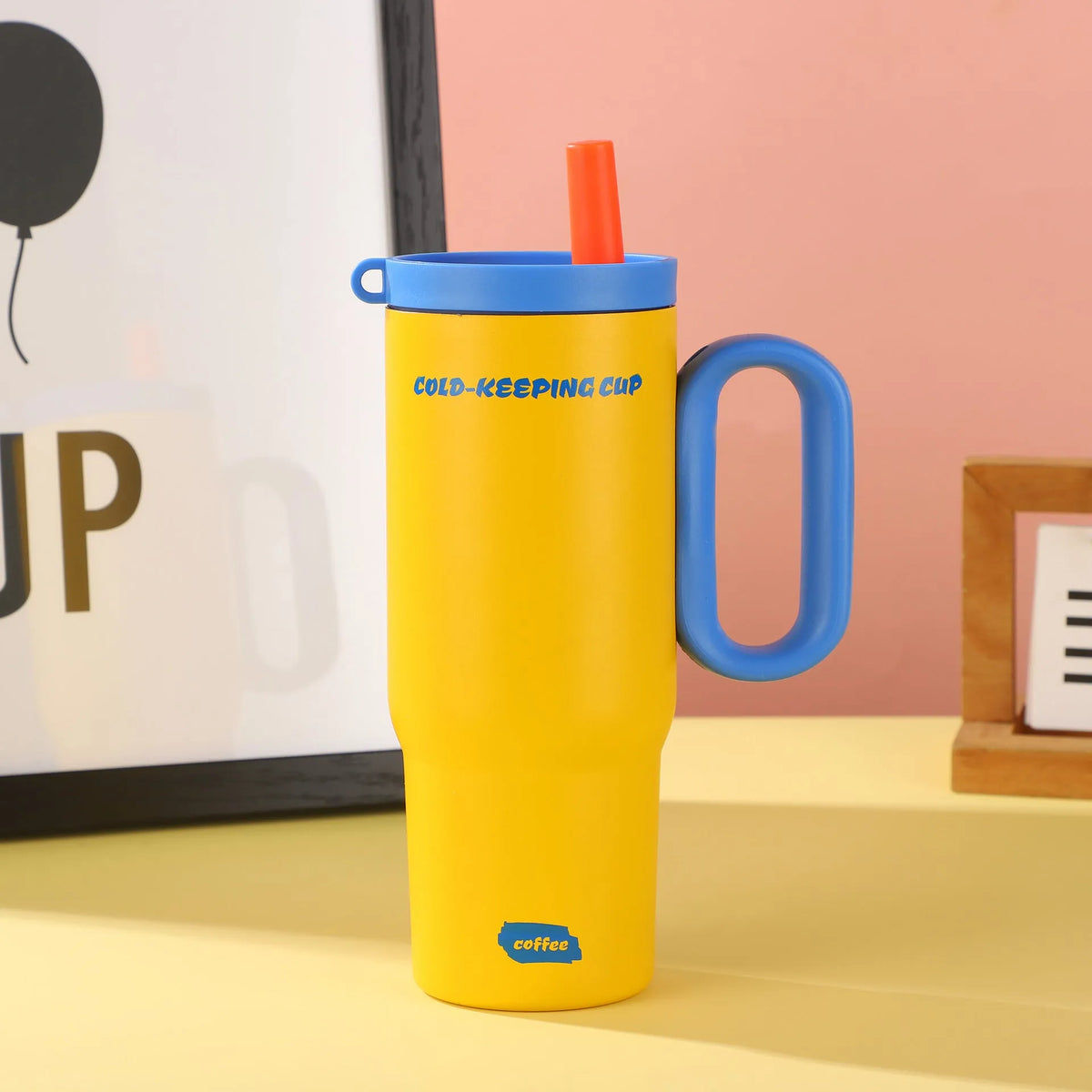 Large portable straw cup with carrying handle in multiple colour options
