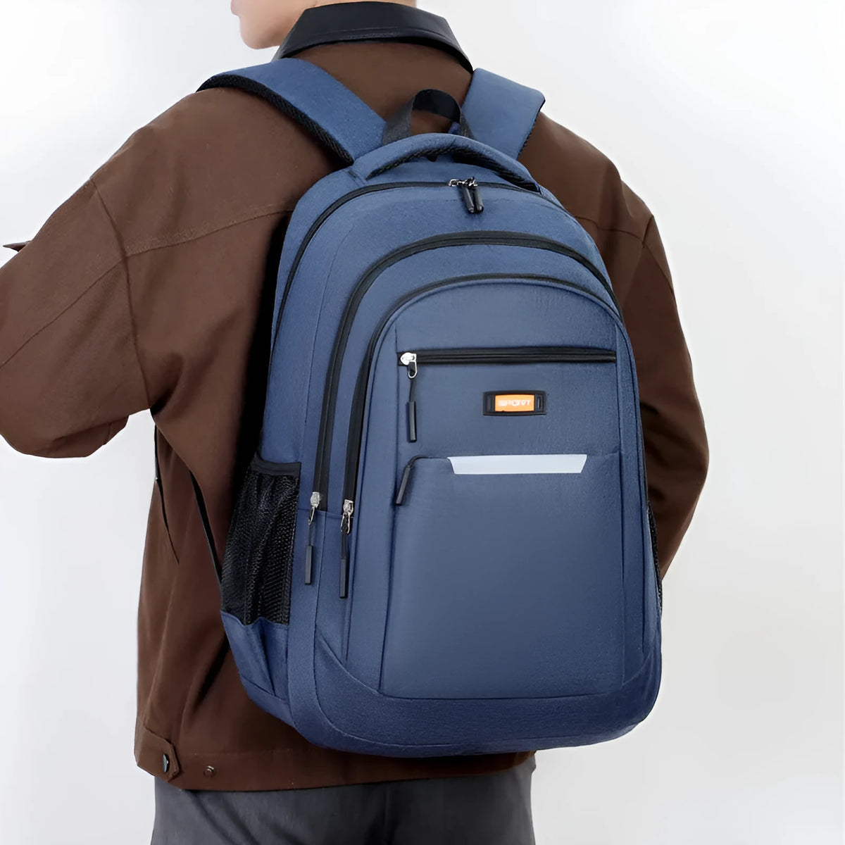 Casual men's Oxford cloth backpack in black, shown with a breathable back panel and polyester lining.