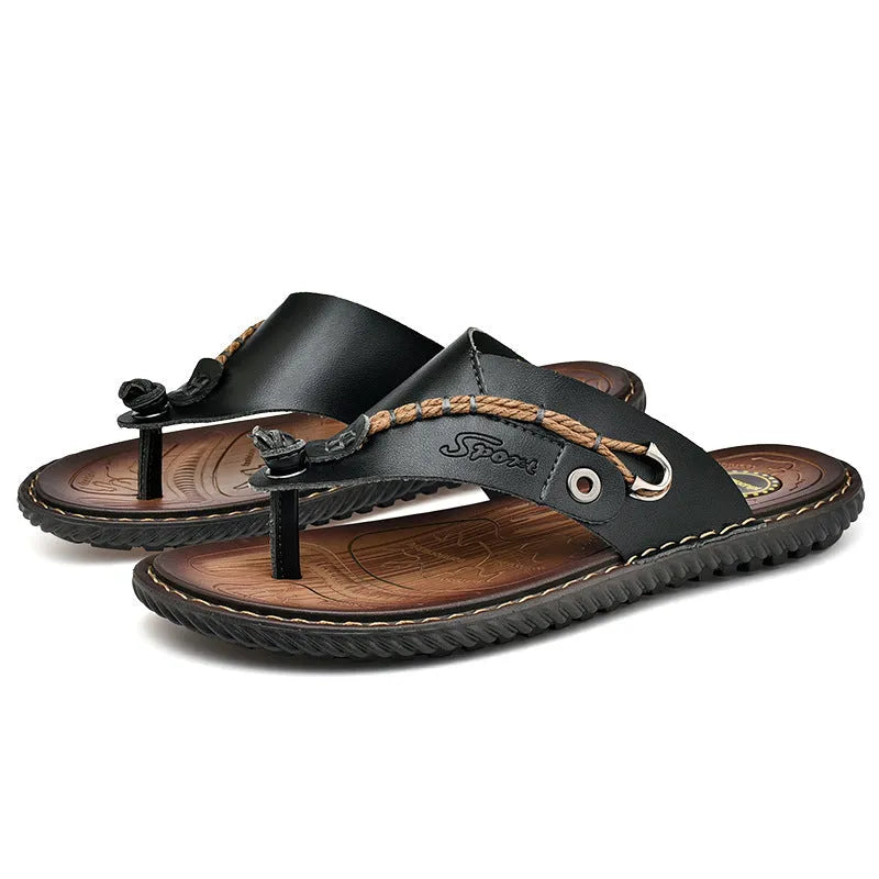 Men's non-slip casual slippers in blue PU leather, shown from the side.