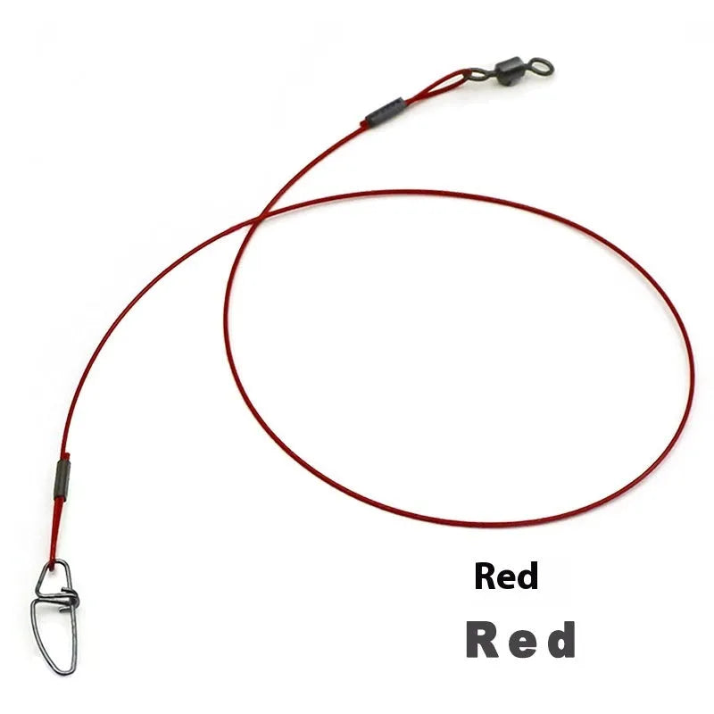 Ten green steel wire double buckle fishing leader pins laid out, each 54 cm long.