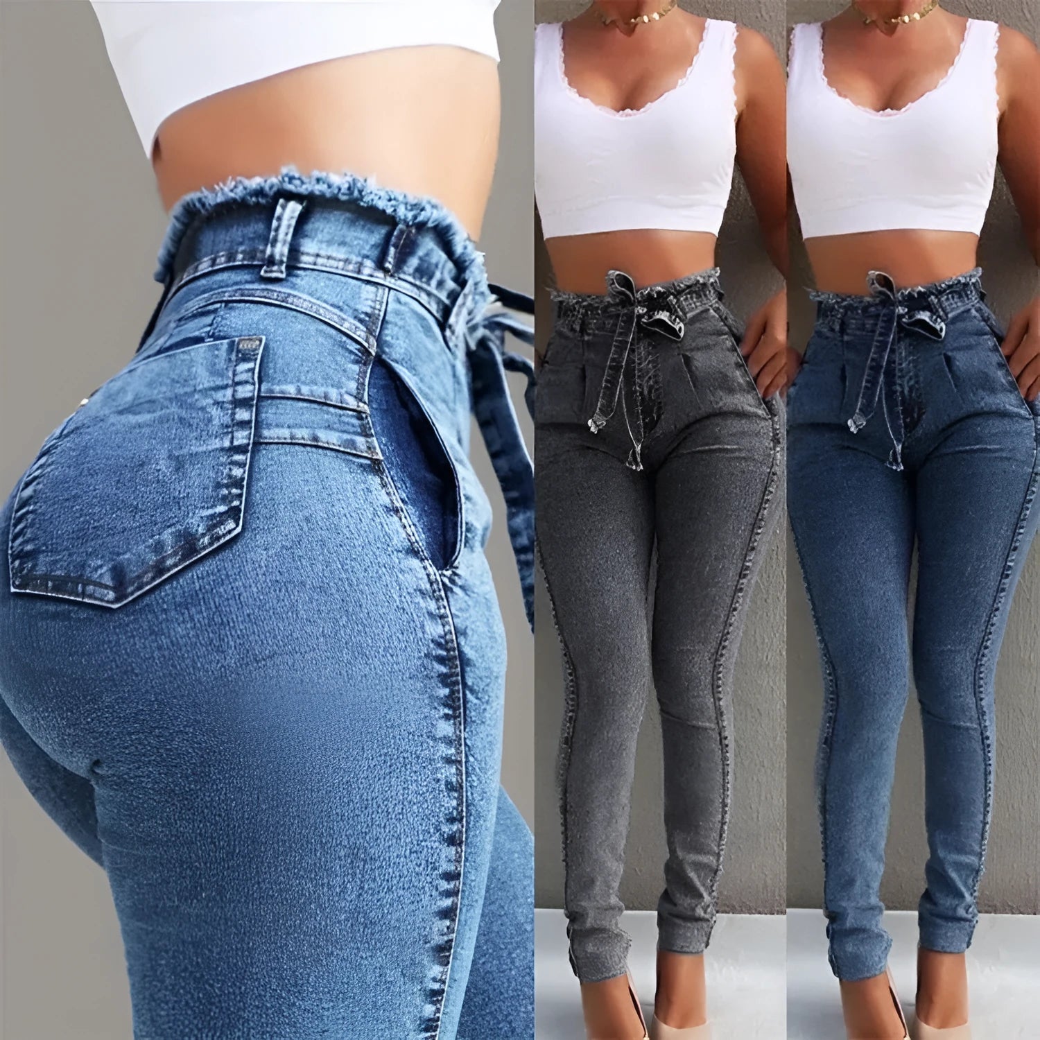 Fringed distressed jeans in cowboy fabric, shown in grey, dark blue, and light blue colours.