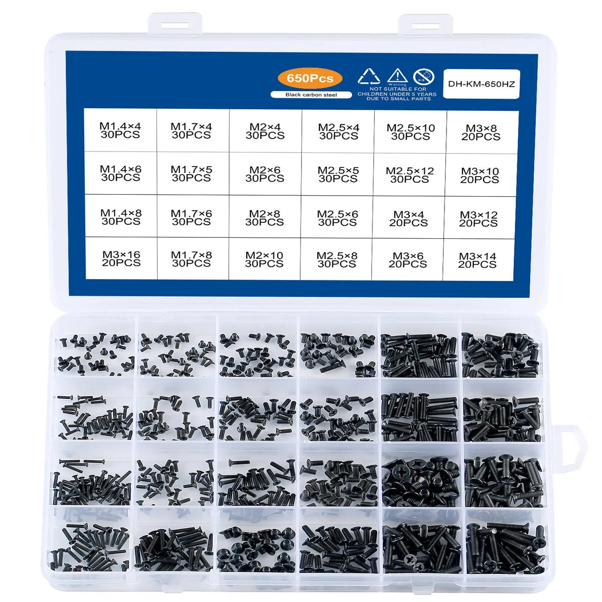 Box of black laptop machine screws with countersunk cross head, 1.4mm diameter.