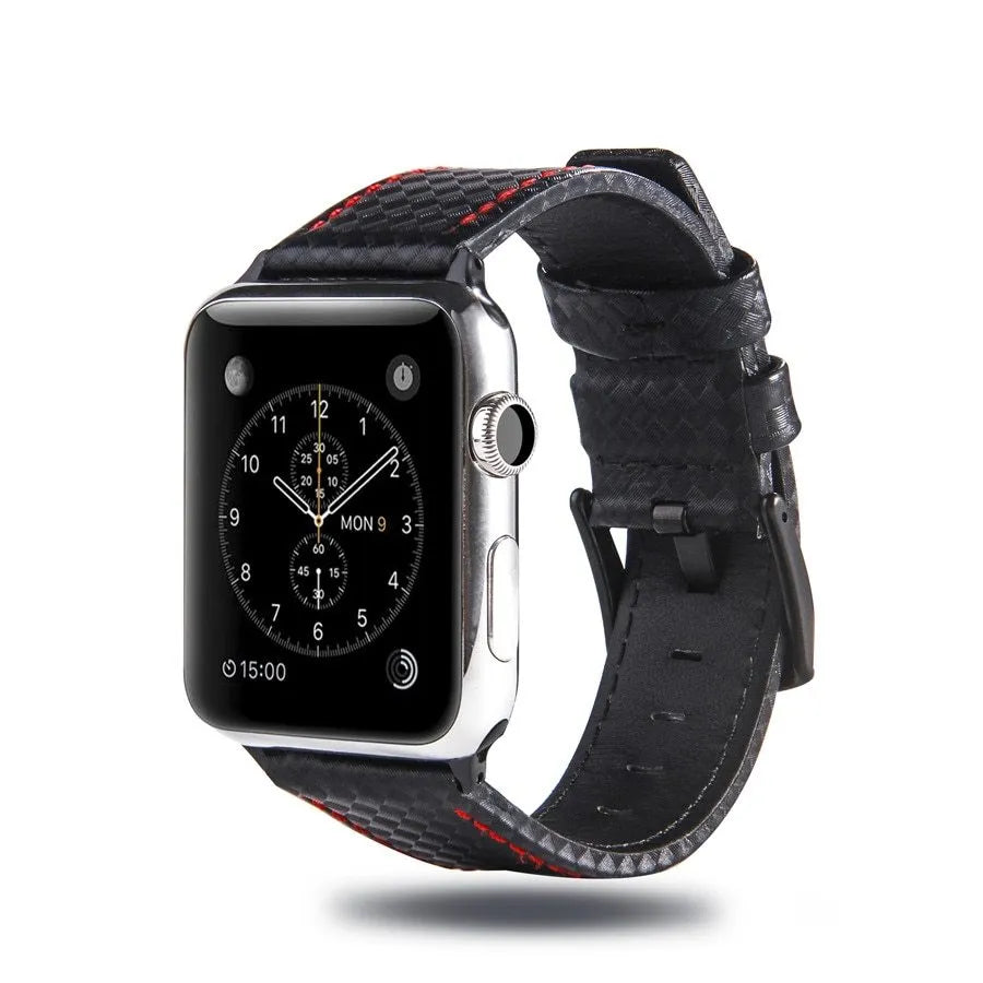 Leather and carbon fibre iPhone watch strap in black, blue, orange, and red for Apple Watch