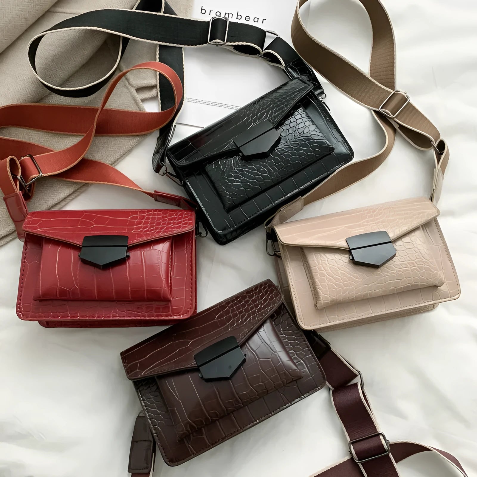 Vintage PU crossbody bag in black, dark brown, khaki, or red with dimensions 20cm wide by 14cm high.