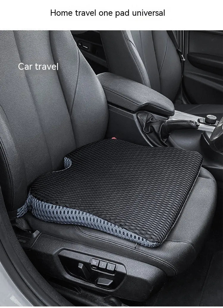 Memory foam seat cushion with elastic strap in black, grey, and creamy white colours.