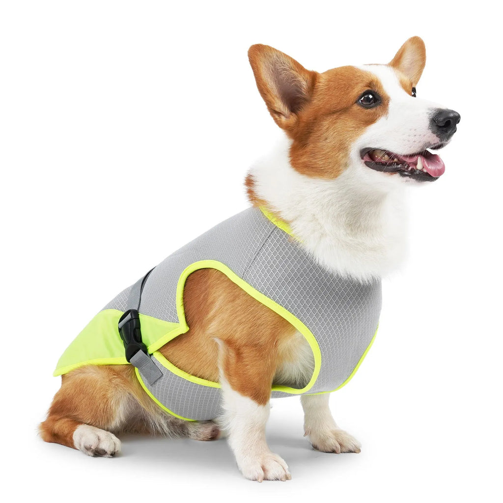 Light grey polyester dog cooling vest showing back length measurement on medium-sized dog