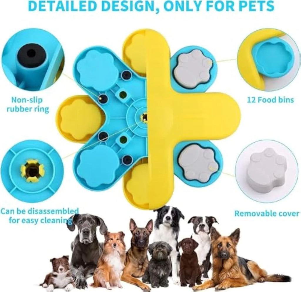Yellow three-layer rotating dog food puzzle feeder with anti-slip rubber base