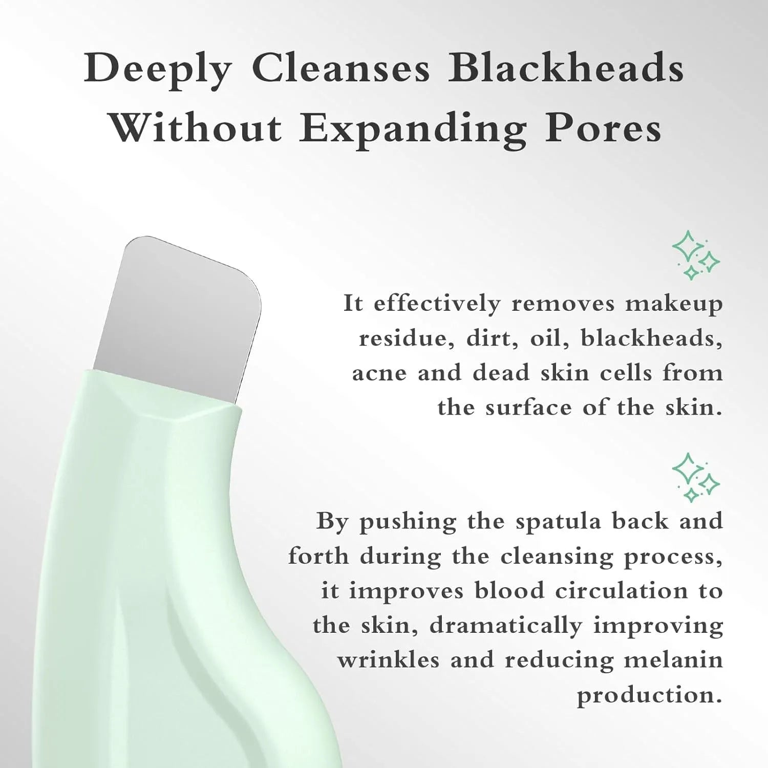 Green stainless steel facial pore scraper tool with a silicone handle for blackhead removal.