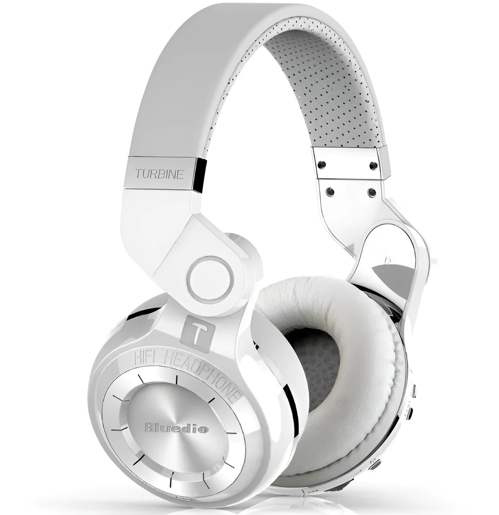 Blue String T2 black and white over-ear Bluetooth headset with folding design and detachable cable