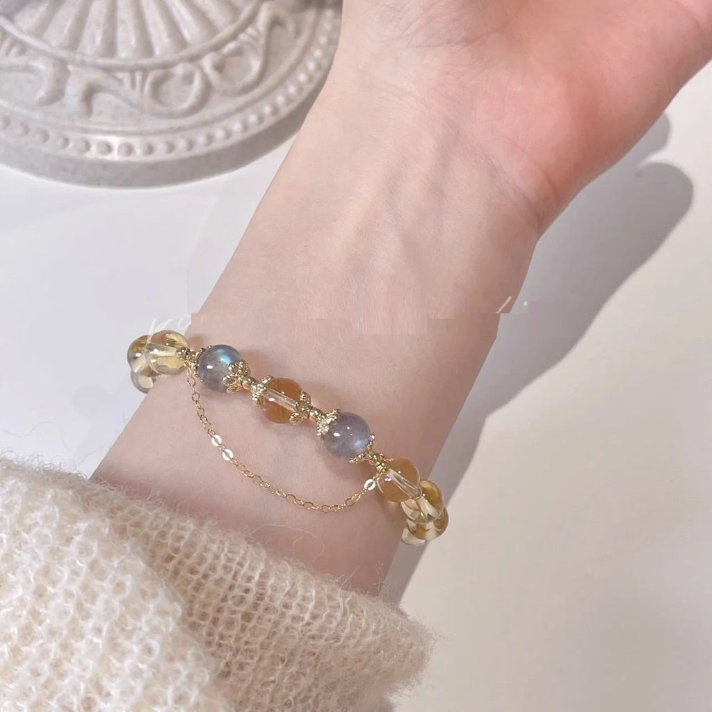 Women's Chinese-style crystal bracelet with 14K gold electroplated finish and diamond-shaped citrine moon design