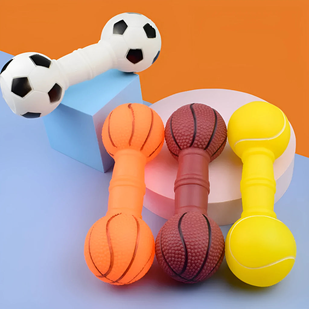 Brown orange white yellow football dumbbell shaped PVC dog chew toy with squeaker