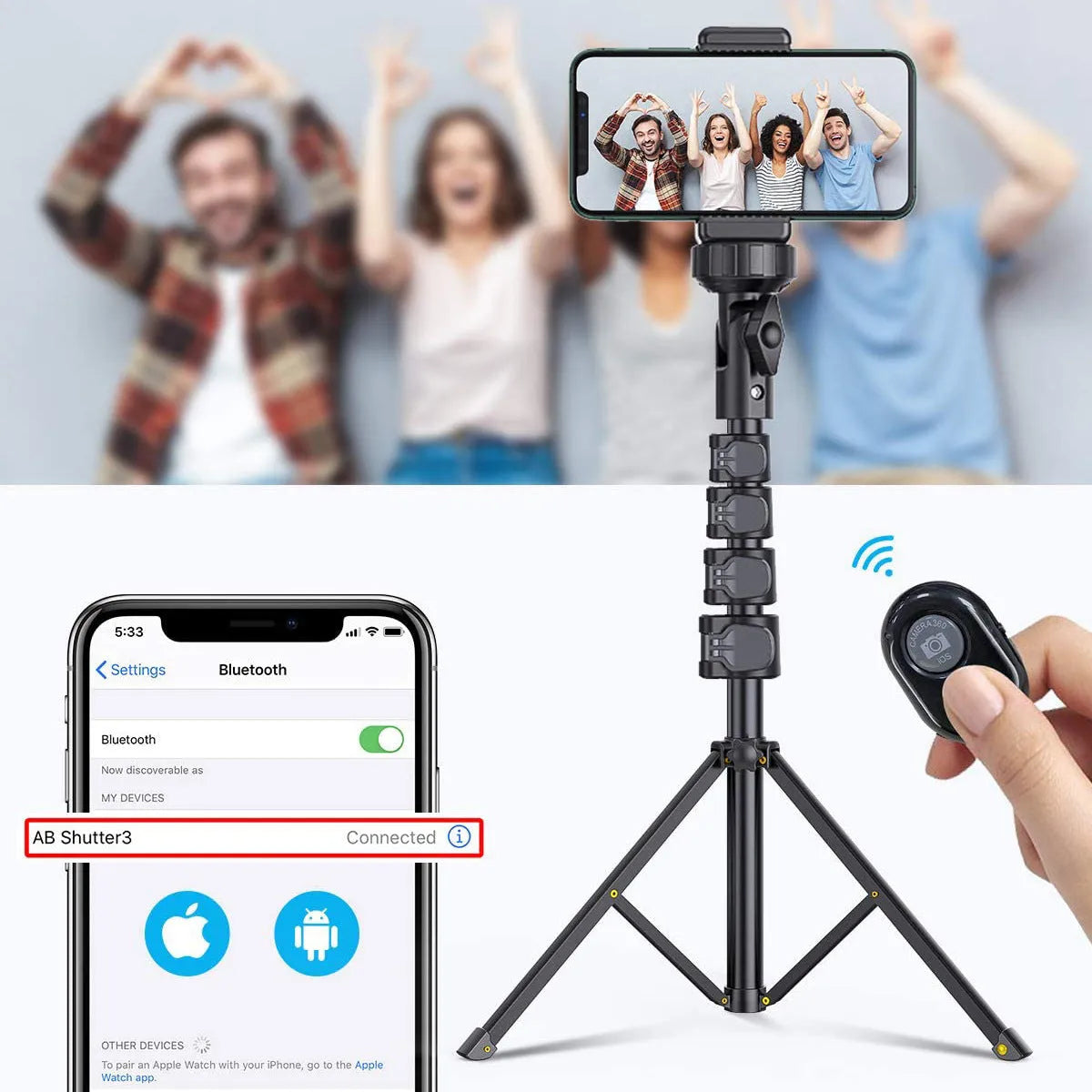 Black aluminium selfie stick tripod extended to full height with smartphone attached