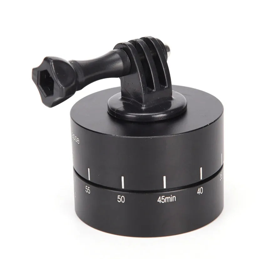 Lapse 360-degree auto rotate camera tripod head mounted on a tripod with a GoPro camera attached.