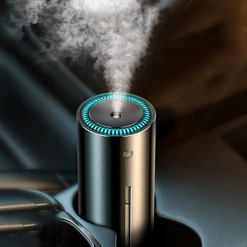 Black aluminium alloy car diffuser humidifier with air purifier on a car dashboard.