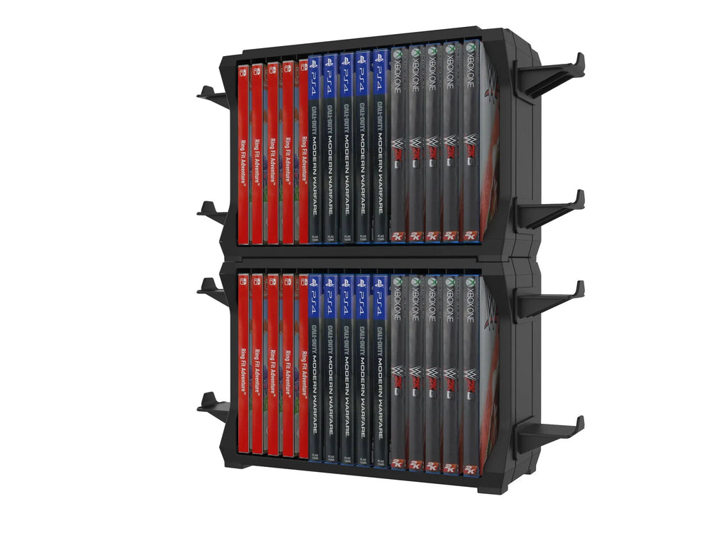 Black PS5 and Xbox Series X game disc holder with slots for game cartridges and four controller handles.