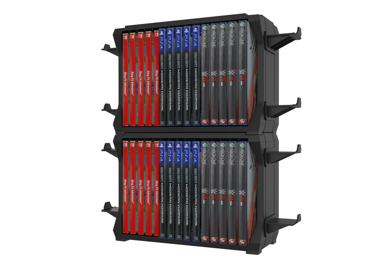 Black PS5 and Xbox Series X game disc holder with slots for game cartridges and four controller handles.