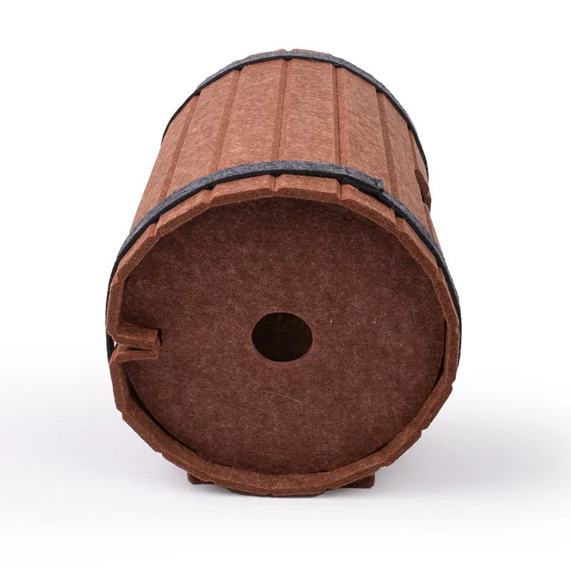 Assembled wine barrel-shaped cat bed made from soft grey polyester fibre felt.