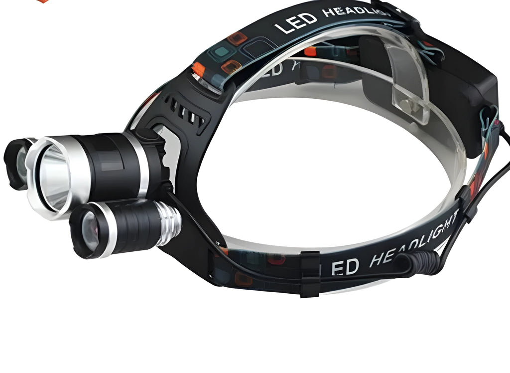 Aluminium alloy rechargeable LED headlamp with adjustable headband on black background