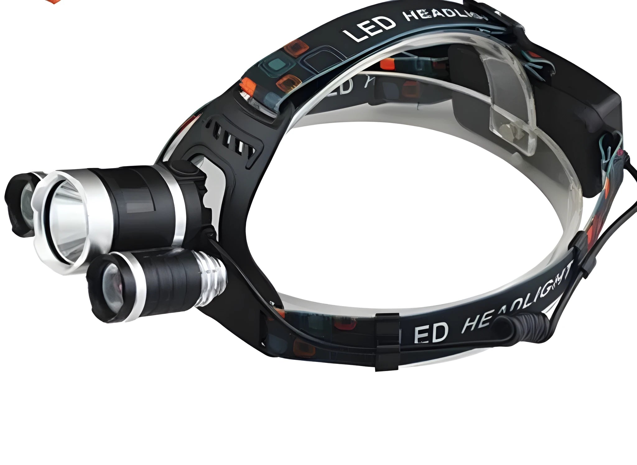 Aluminium alloy rechargeable LED headlamp with adjustable headband on black background
