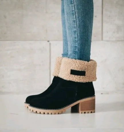 Women's suede mid-tube snow boots in black with a low heel and round toe