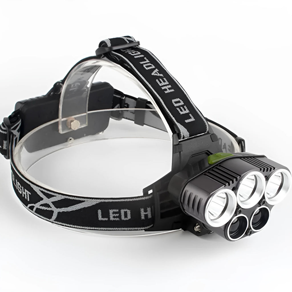 Fixed focus LED head torch with head mount and long-range beam for outdoor camping.