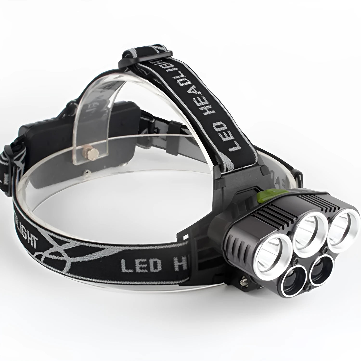 Fixed focus LED head torch with head mount and long-range beam for outdoor camping.