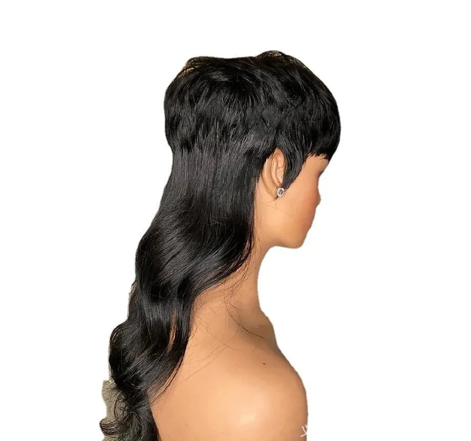 Black Brazilian wig with short back and long front bangs made from high-temperature fibre