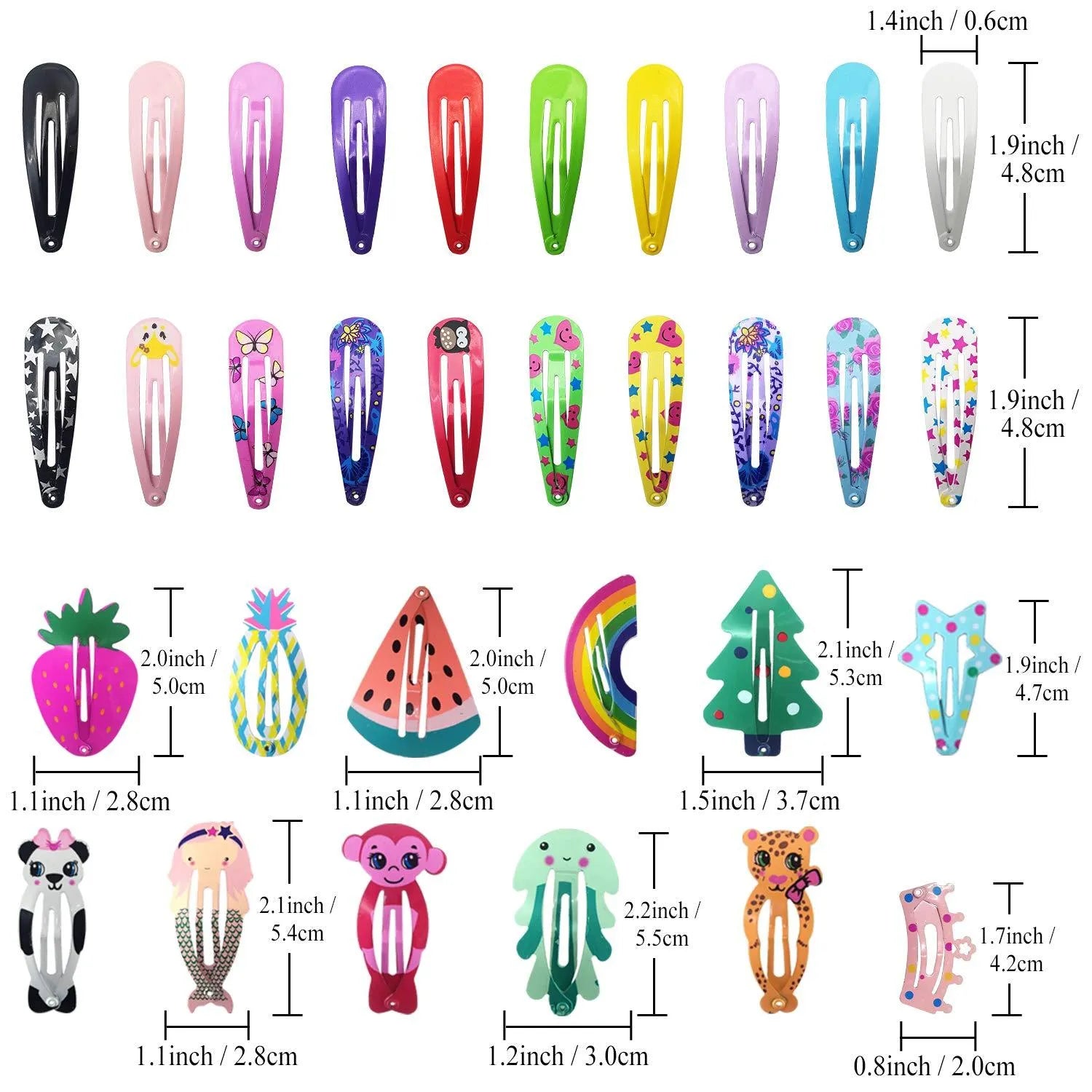 100 piece metal snap hair clips for girls in candy colours with animal, fruit, crown, star, and flower designs