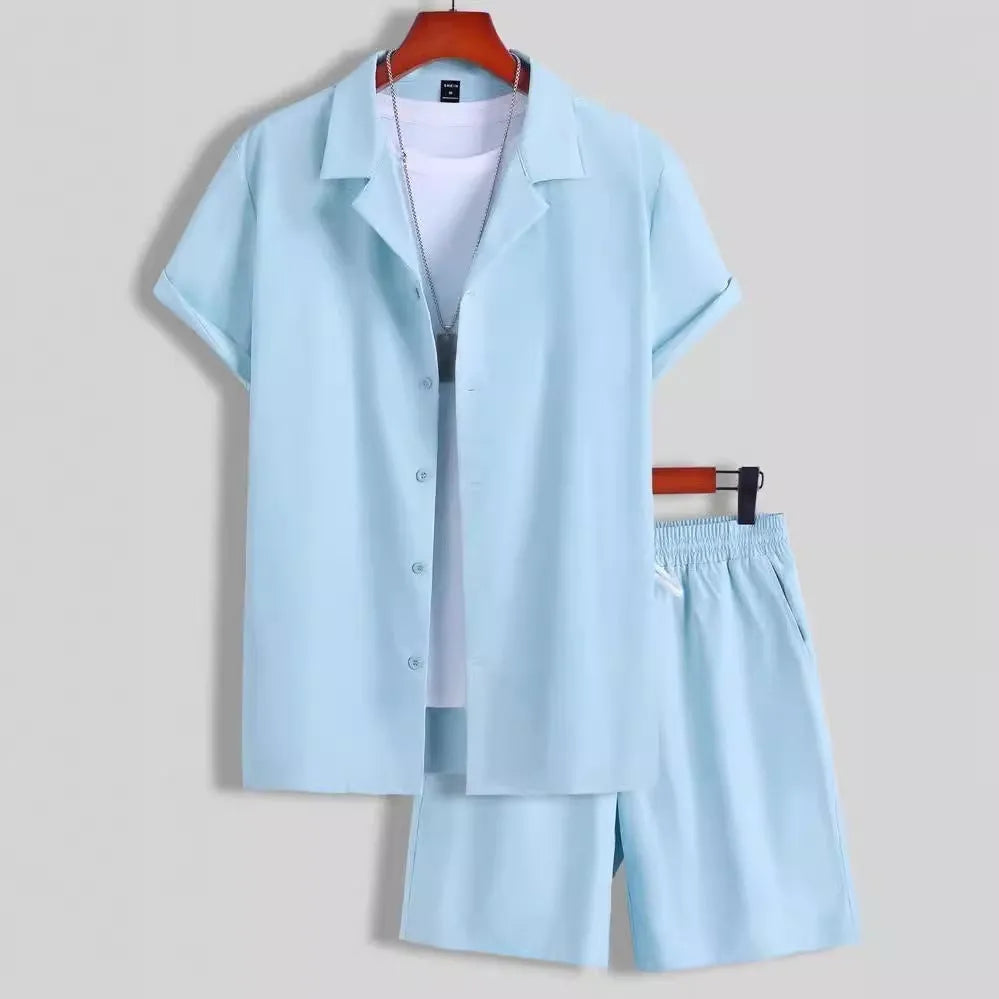 Men's light grey Cuban collar short sleeve shirt with matching shorts sport suit set