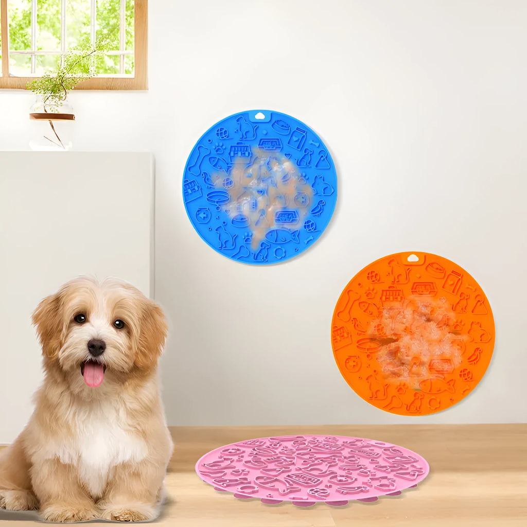 Round blue silicone pet licking mat for cats and dogs on a white background.
