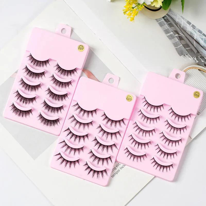 5 pairs of natural wispy manga false eyelashes on a black background, showing styles 007, 008, and 009 with plastic black terrier.