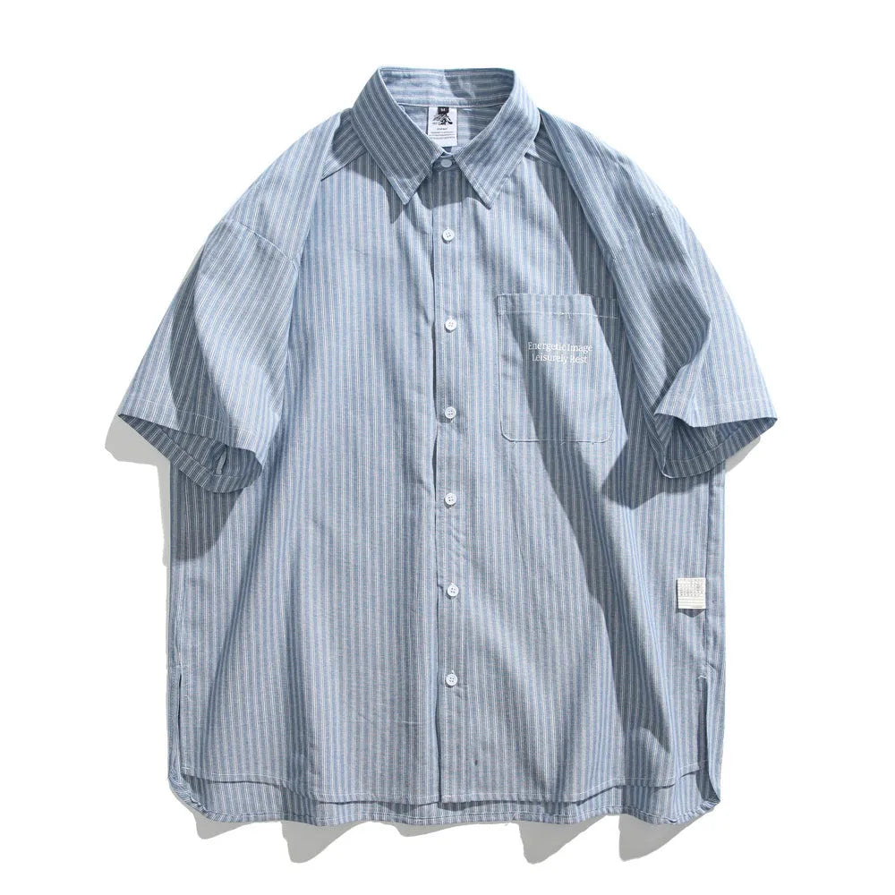 Blue striped overalls short-sleeved shirt in loose-fitting cardigan style