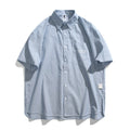 Blue striped overalls short-sleeved shirt in loose-fitting cardigan style