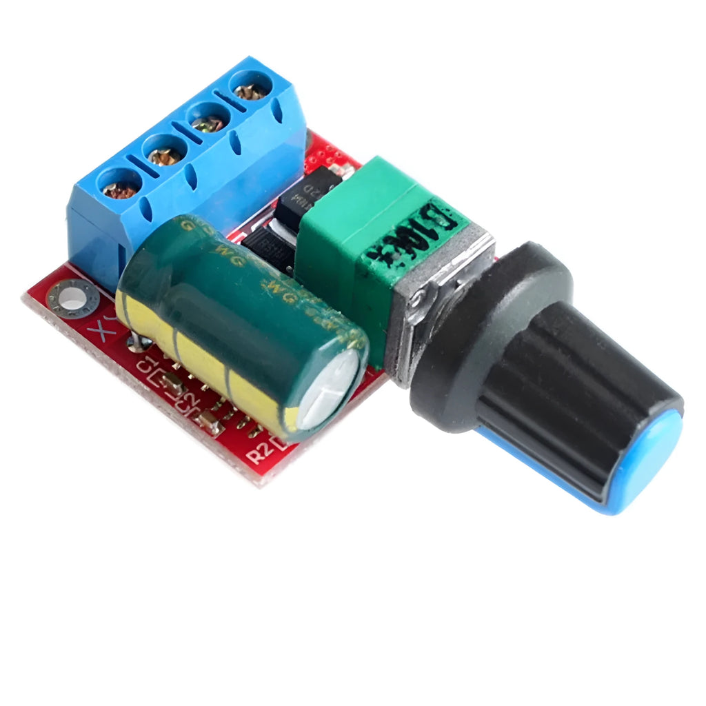 PWM DC motor speed governor for 5V to 35V operation with potentiometer knob adjustment