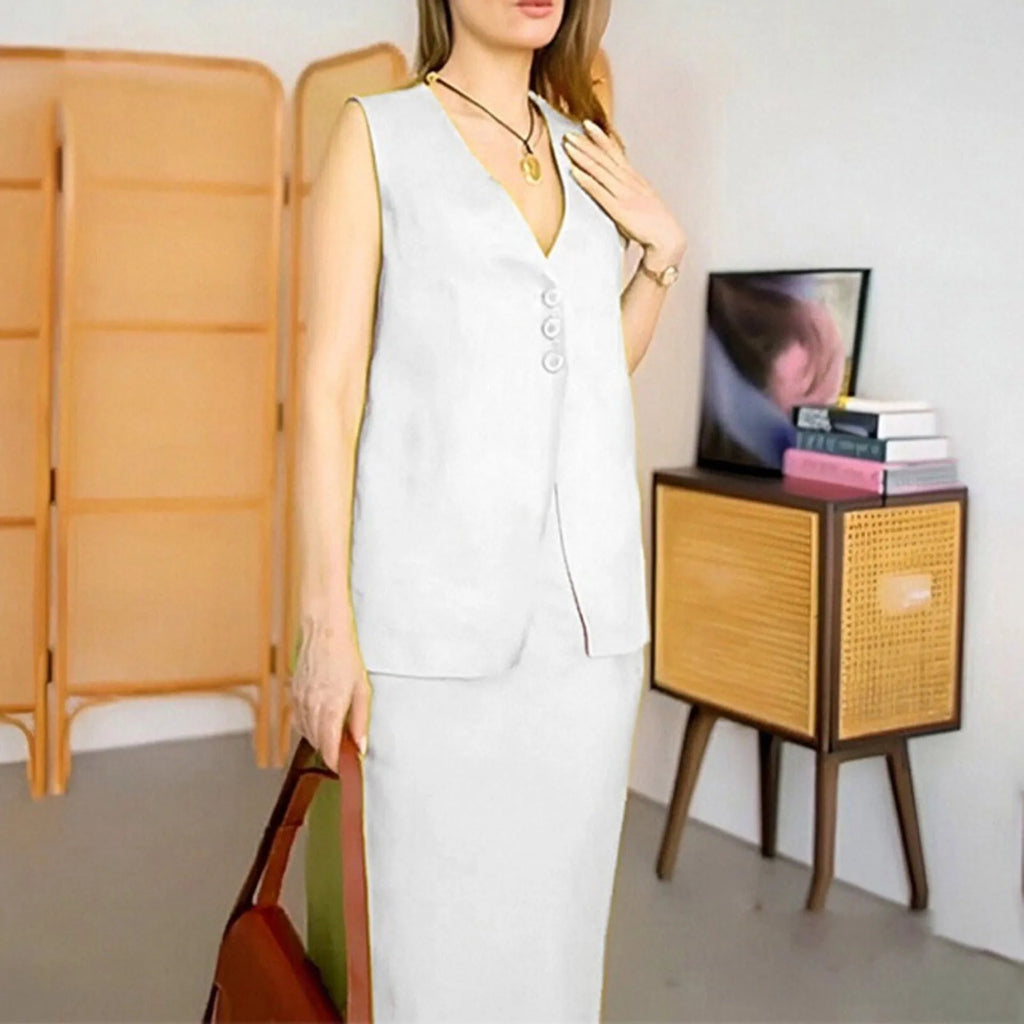 Women's white vest and long skirt two-piece casual suit set on hanger