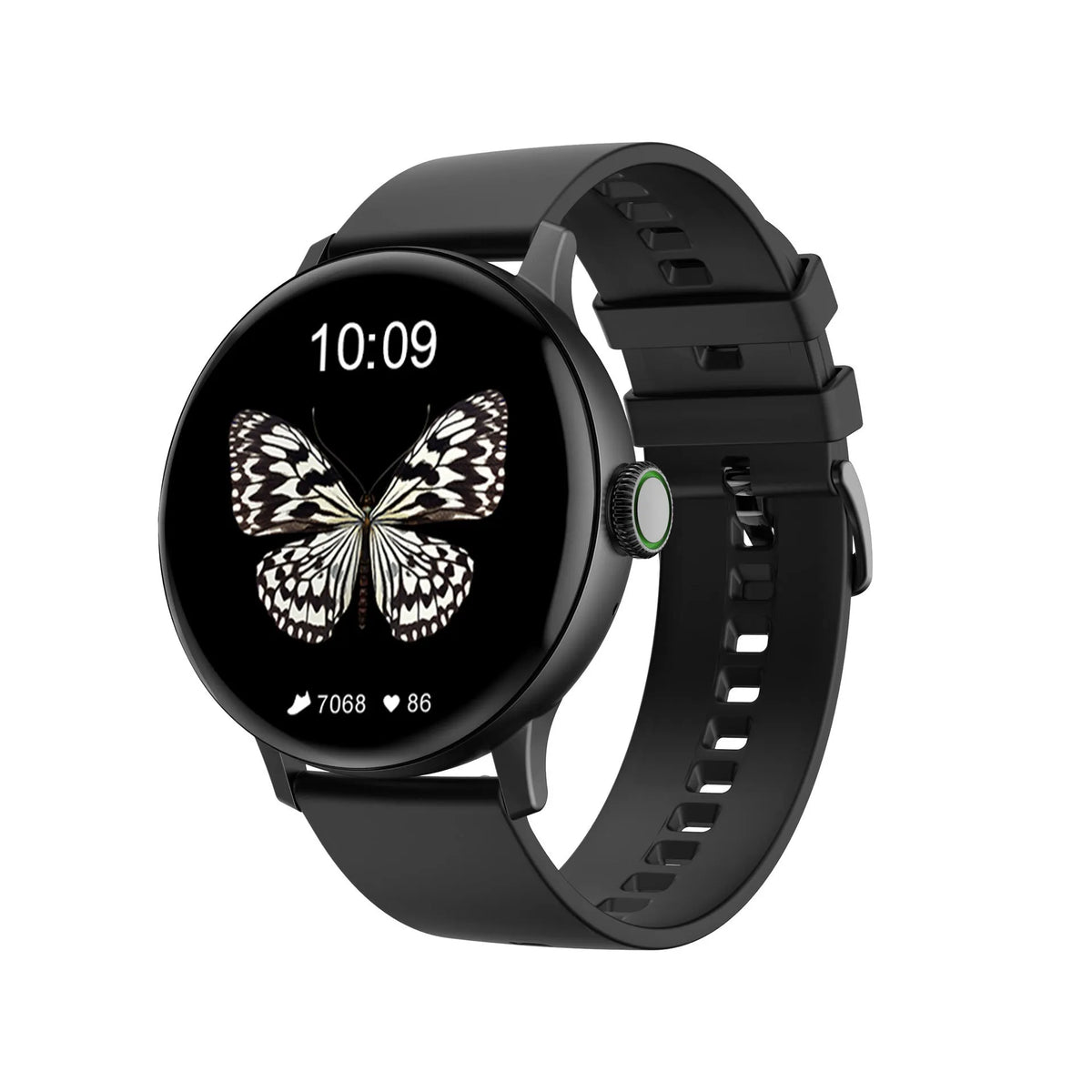 Round Bluetooth smart bracelet with touchscreen on a wrist, showing call and heart rate functions.