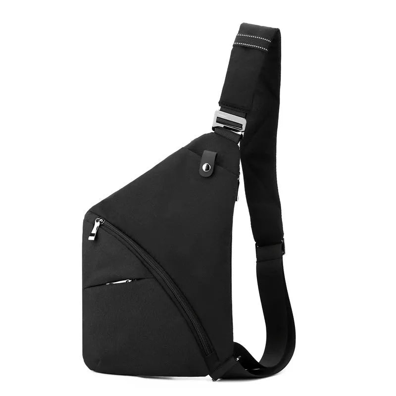 Black Oxford cloth men's chest bag with one shoulder strap and urban letter detail.