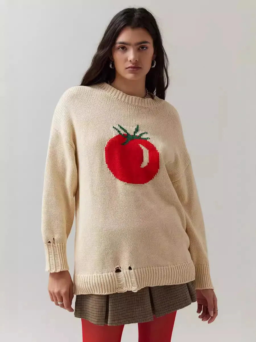 Women's Milky White acrylic Jacquard pullover sweater with a round neck and loose long sleeves.