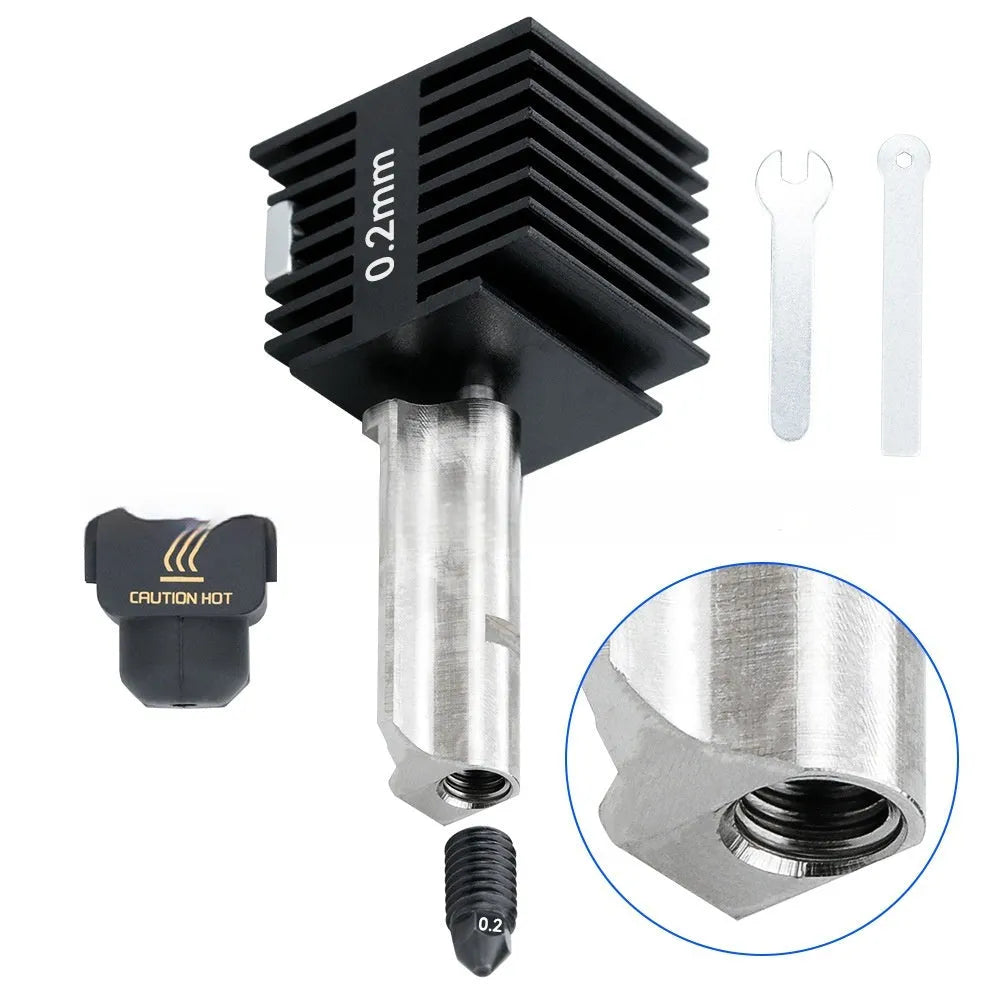 Bambu Lab A1 Mini 3D printer hot end replacement kit with four hardened steel nozzles and a black silicone sleeve.