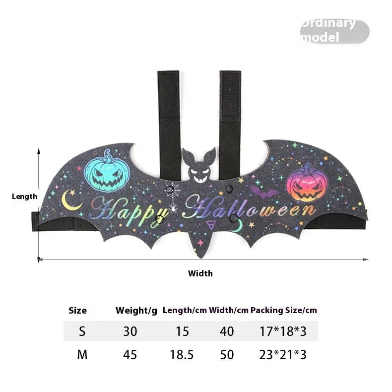 Halloween batwing costume on cat with soft felt construction and bell accessory