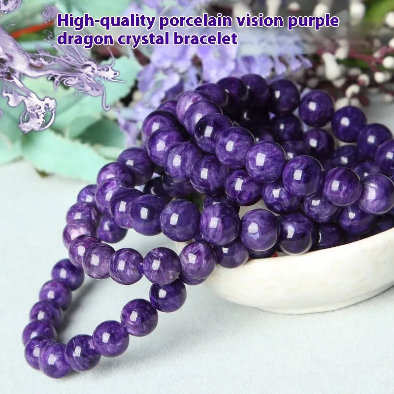Natural transparent charoite crystal bracelet with platinum setting showing four bead size options