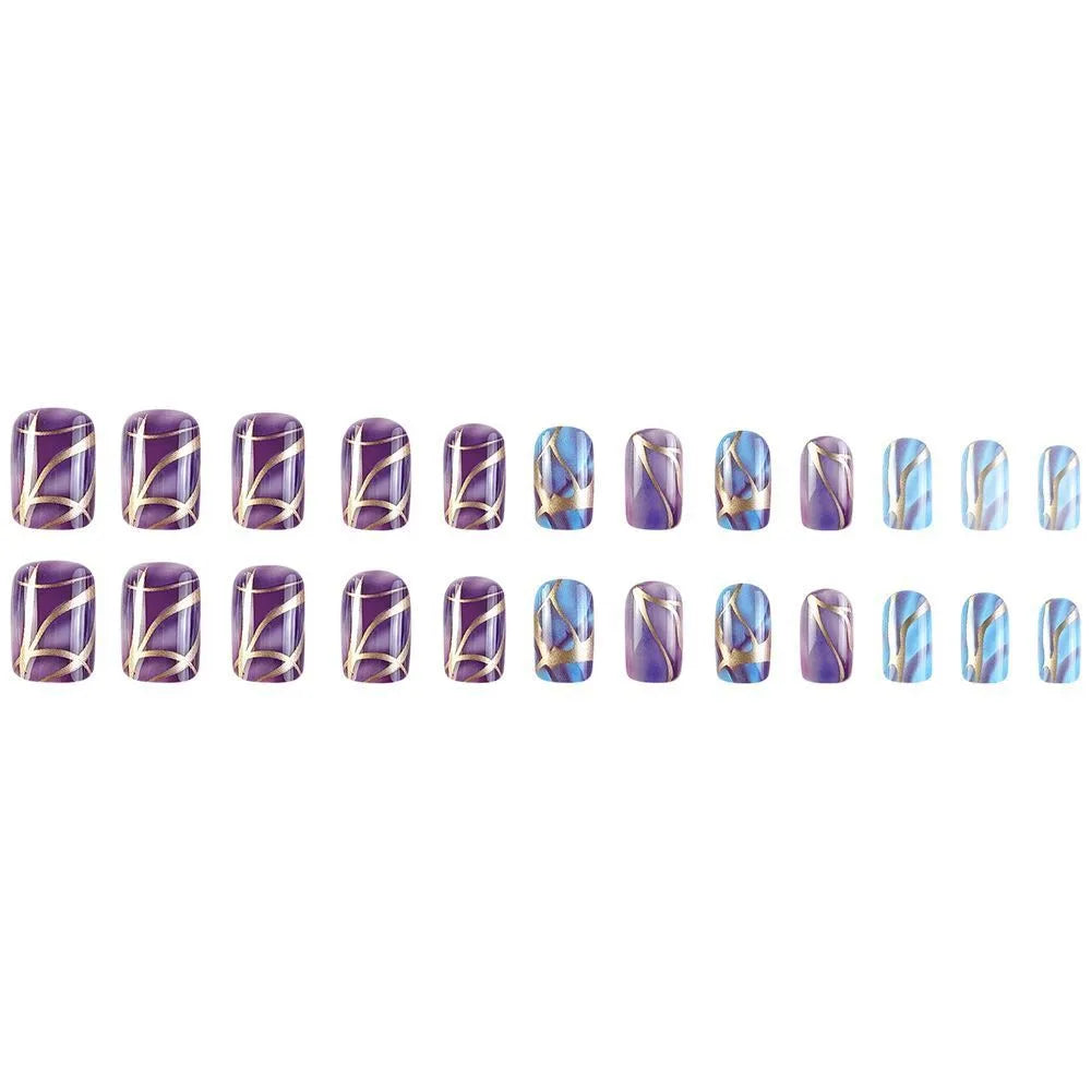 Mid-length nail stickers with purple stripes and glitter designs in European and American style