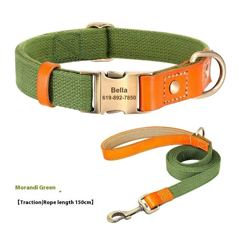 Small dog neck collar and traction rope set in mo landi green with mohair neck ring.