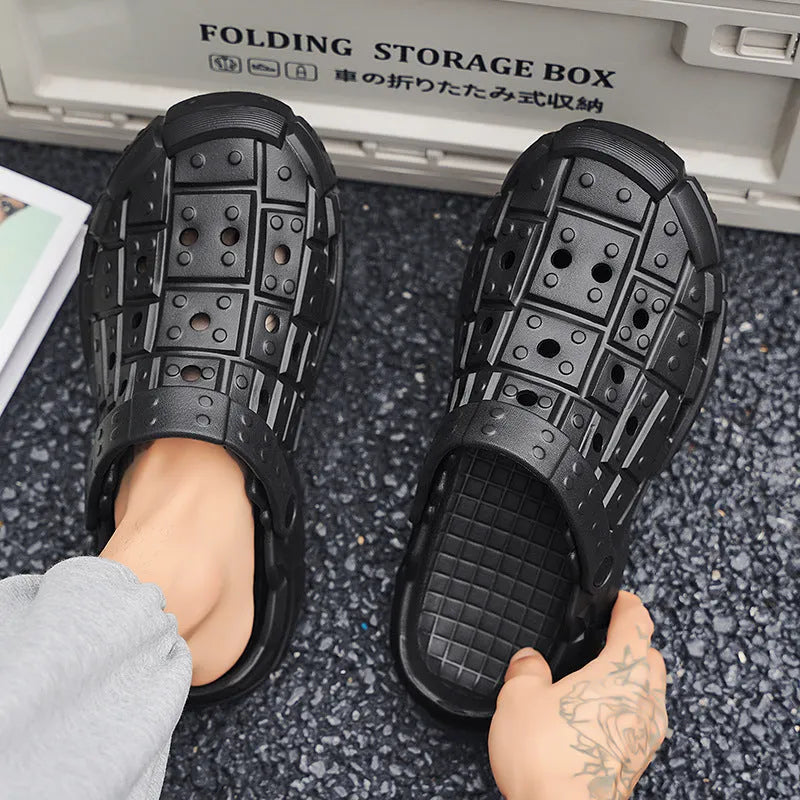 Sand-coloured men's EVA slippers with a thick non-slip sole and toe holder heel design.