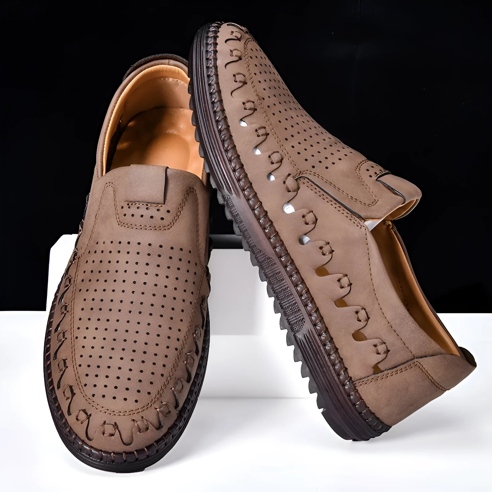 Men's brown artificial leather slip-on casual shoes with round toe and flat sole
