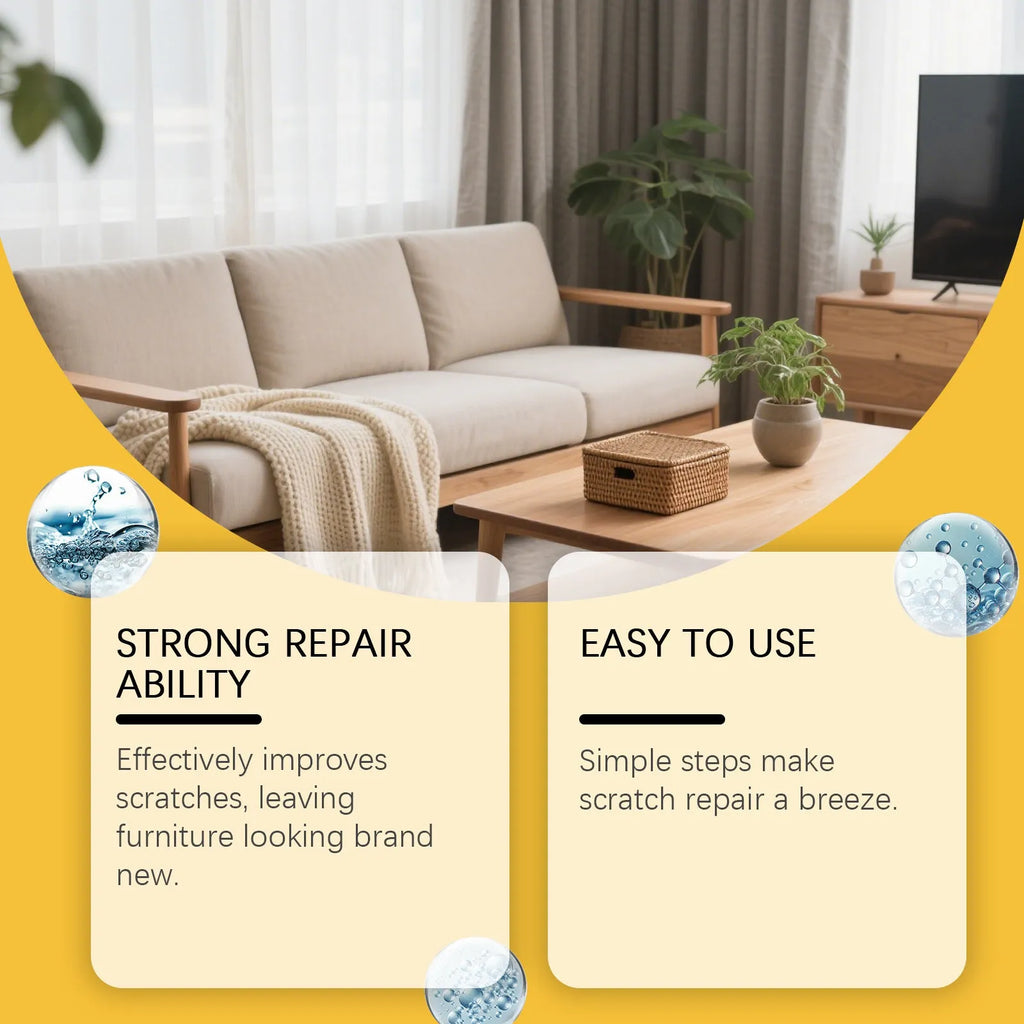 Wooden furniture scratch care kit showing 100ml bottle and 20x20cm microfibre towel for cleaning wood surfaces