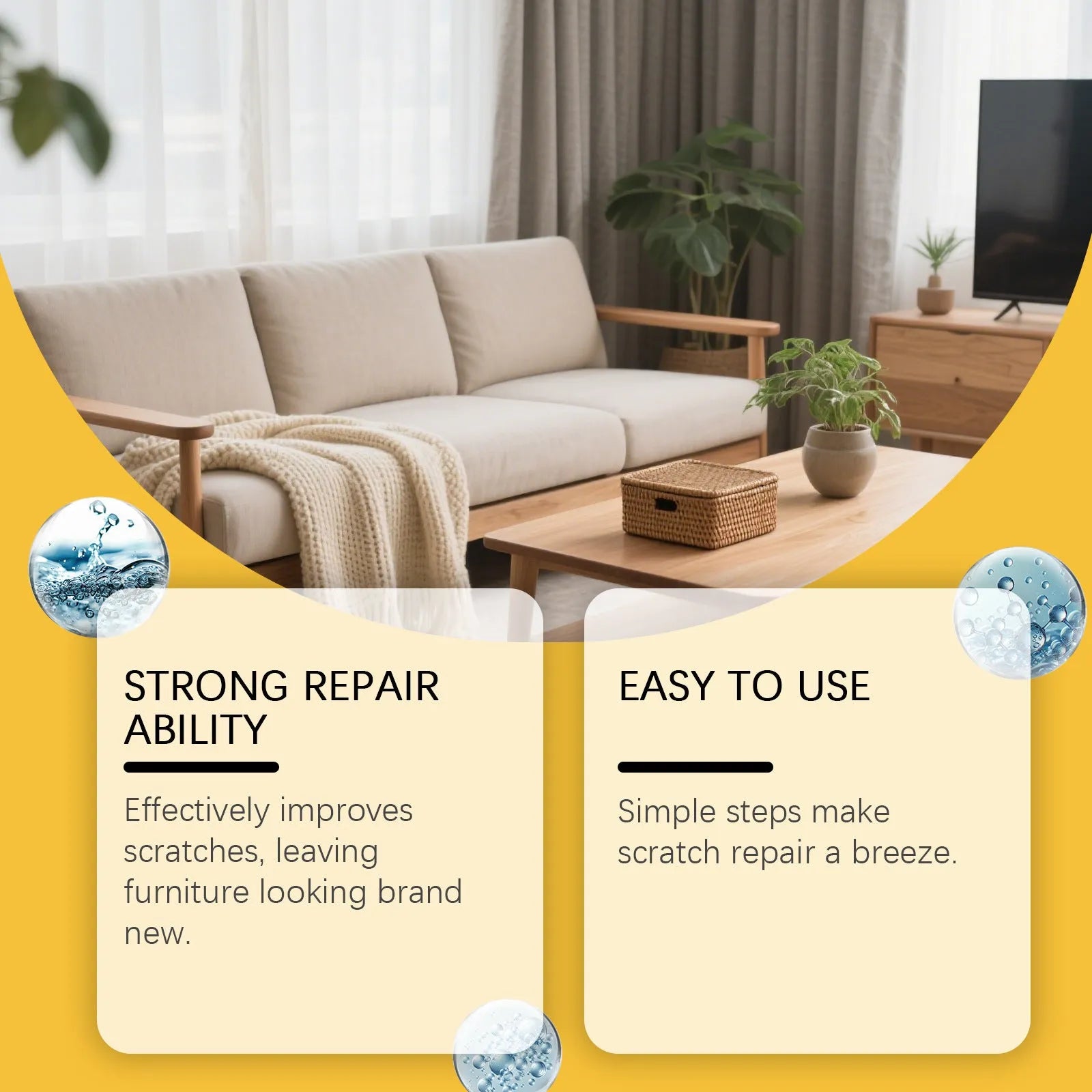 Wooden furniture scratch care kit showing 100ml bottle and 20x20cm microfibre towel for cleaning wood surfaces