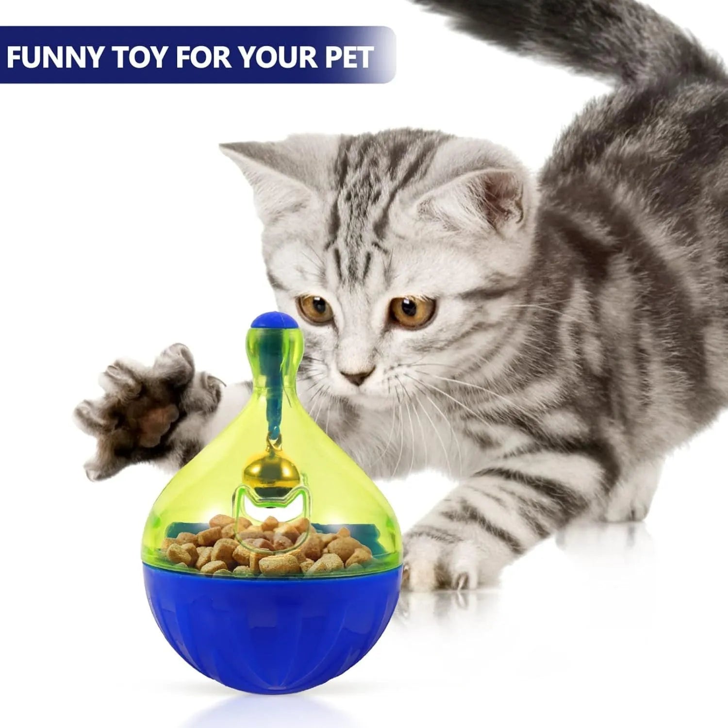 Blue tumbler-shaped dog and cat treat dispenser ball with food opening for interactive pet play