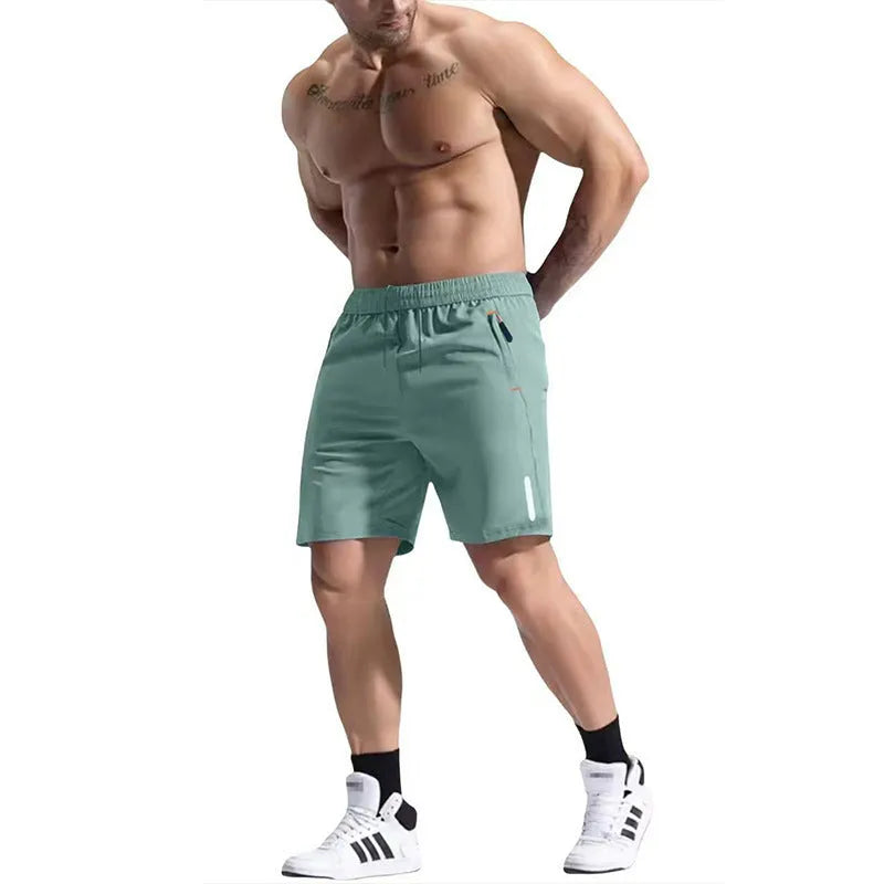 Men's grey elastic waist sports shorts made from bamboo and polyester fabric with a drawstring closure.