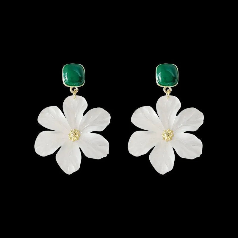 Dark green alloy needle flower dangle drop earrings for women showing sweet floral design details